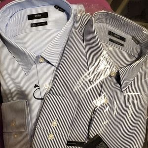 Hugo Boss Travel Line Reg Fit Shirt 46 (18) Dark Blue Stripe NWT